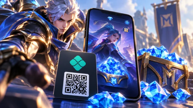 Ilustração de herói de Mobile Legends com cristais e símbolo do Pix