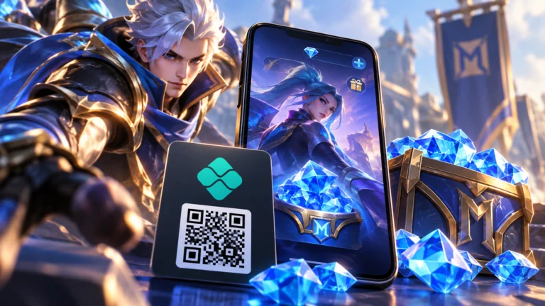 Ilustração de herói de Mobile Legends com cristais e símbolo do Pix
