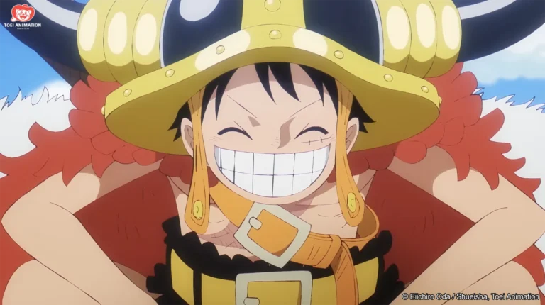 Monkey D. Luffy sorrindo com capacete e roupas do arco de Elbaph em One Piece