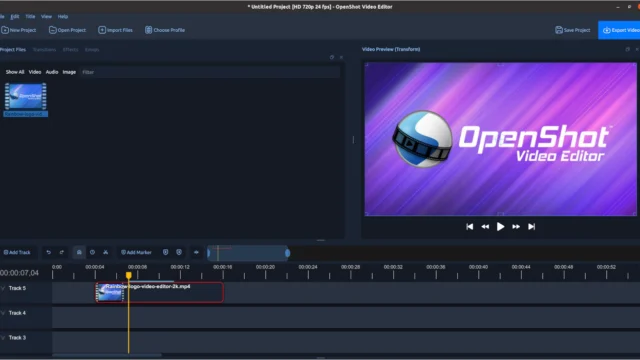 Interface oficial do OpenShot com prévia de vídeo e trilhas na linha do tempo
