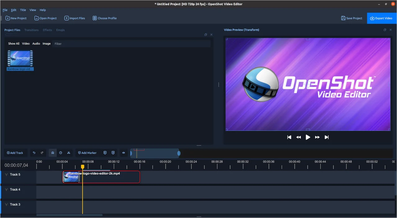 Interface oficial do OpenShot com prévia de vídeo e trilhas na linha do tempo