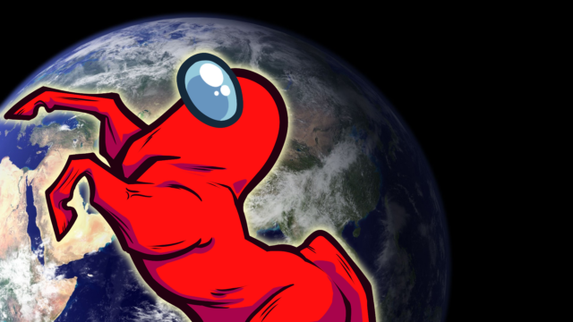 Personagem vermelho de Among Us transformado em cavalo diante de um planeta