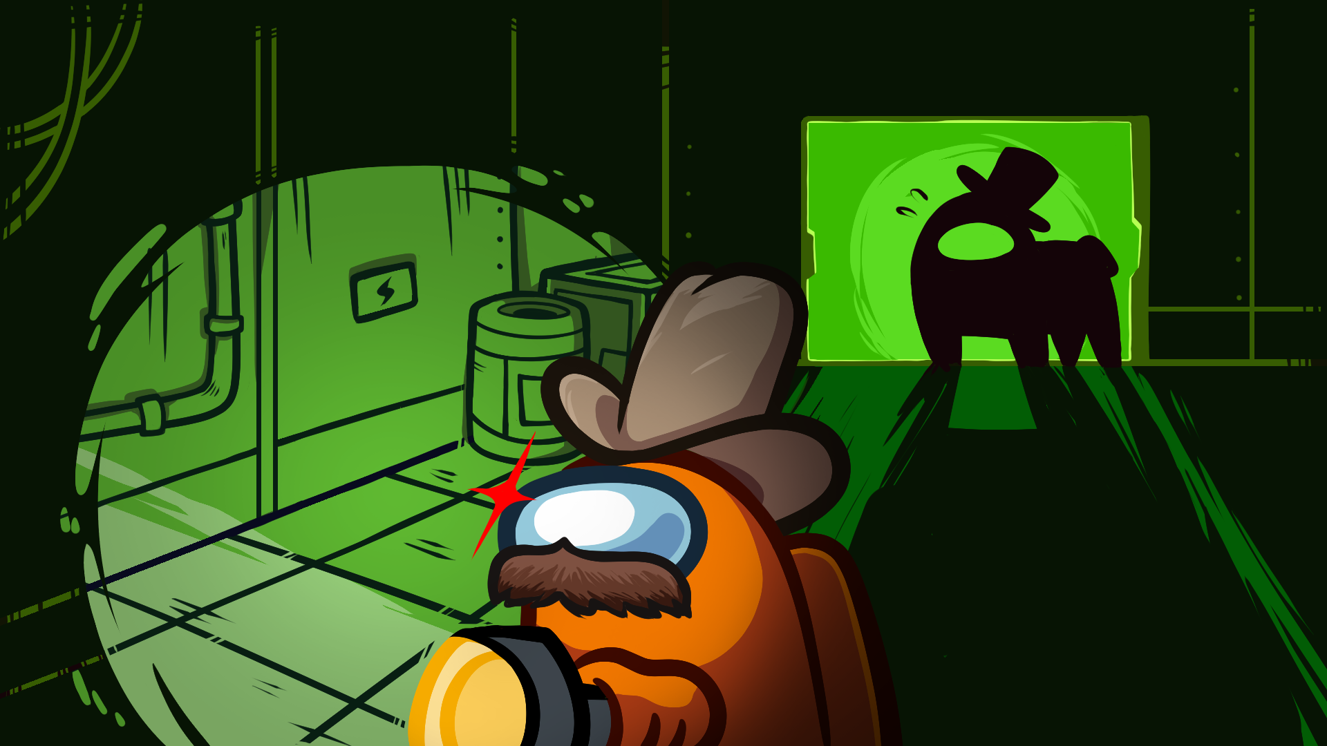 Personagem laranja de Among Us com chapéu de cowboy e lanterna diante de uma silhueta de cavalo
