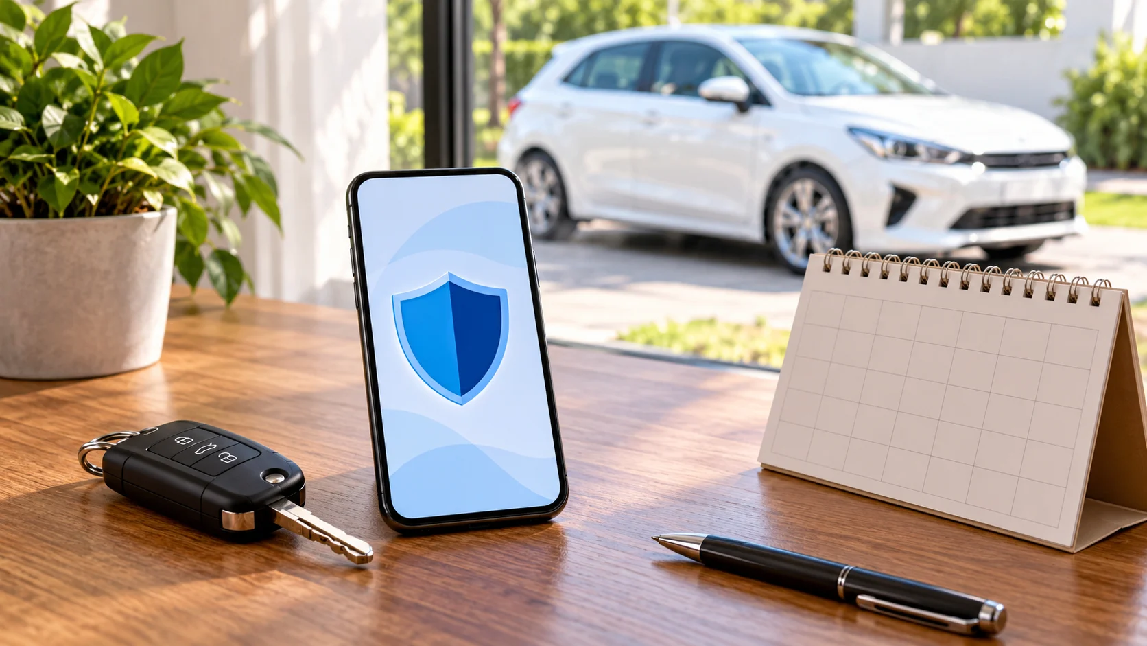 Celular com símbolo de proteção, chave e calendário sobre uma mesa, com carro ao fundo