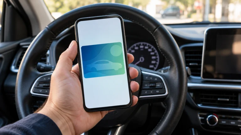 Celular em primeiro plano e carro ao fundo, em ilustração do acesso ao documento digital