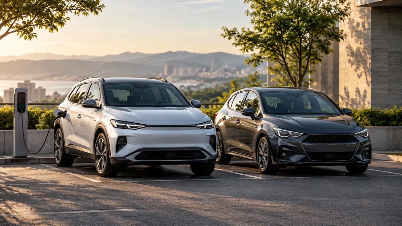 Carro elétrico conectado a um carregador e carro a combustão ao lado, em comparação ilustrativa