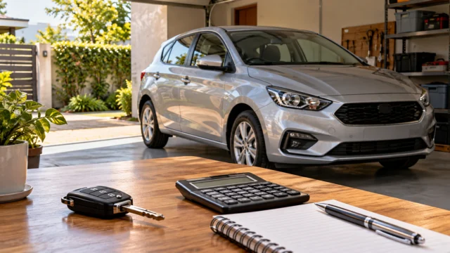 Carro compacto prata em garagem com chave, calculadora e caderno sobre uma mesa
