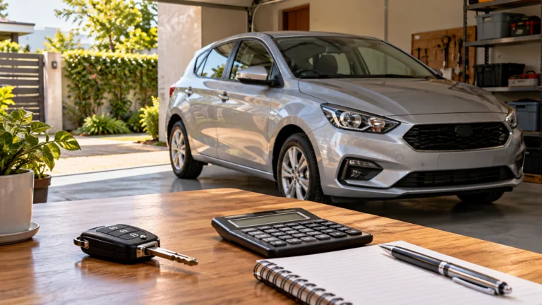 Carro compacto prata em garagem com chave, calculadora e caderno sobre uma mesa