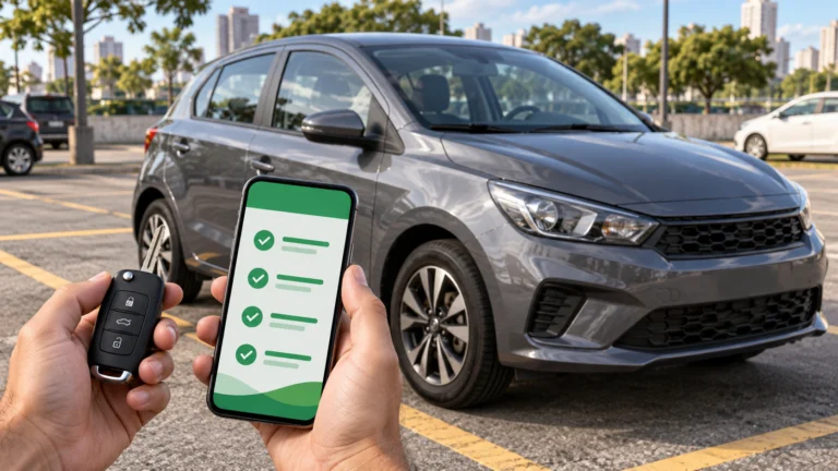 Carro estacionado junto a uma mesa com chave e documentos ilustrativos