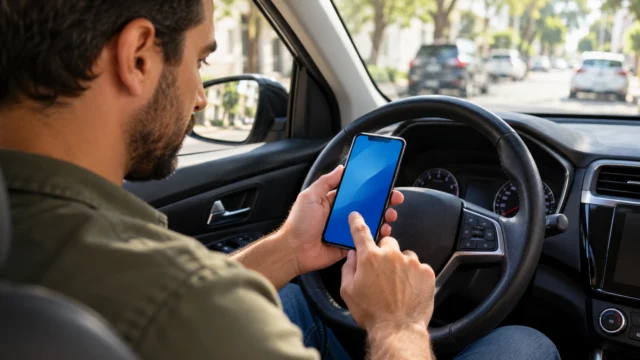 Motorista usando celular dentro de um carro estacionado para ilustrar consulta de multas
