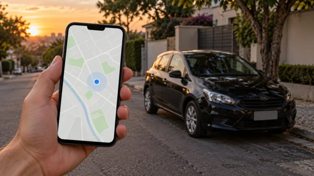 Celular com mapa de localização em primeiro plano e carro preto estacionado ao fundo