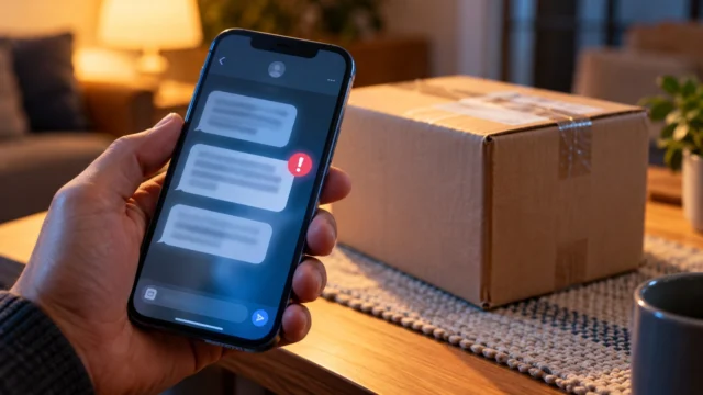 Celular com mensagens ilustrativas e ícone de alerta ao lado de uma encomenda sem marca.