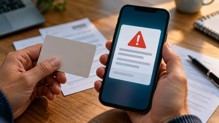 Celular com símbolo de alerta vermelho ao lado de cartão genérico sem informações pessoais.