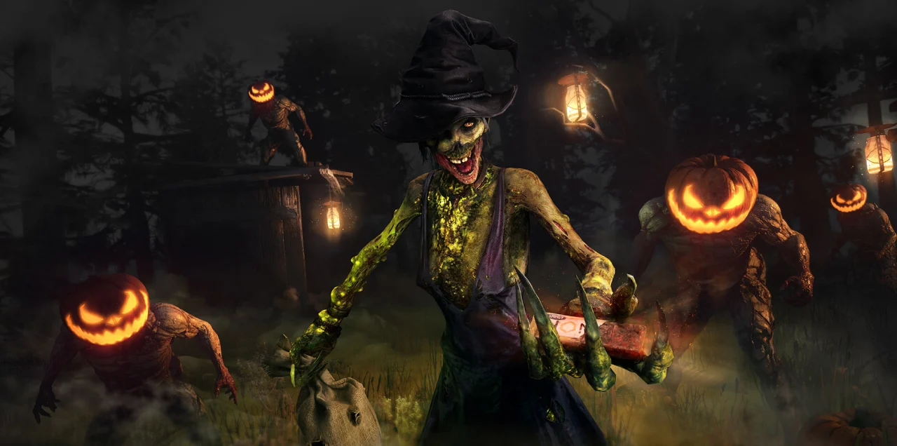 Infectados com cabeças de abóbora se aproximam em cenário escuro de Halloween de Dying Light 2