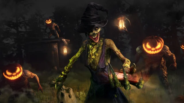 Infectados com cabeças de abóbora se aproximam em cenário escuro de Halloween de Dying Light 2