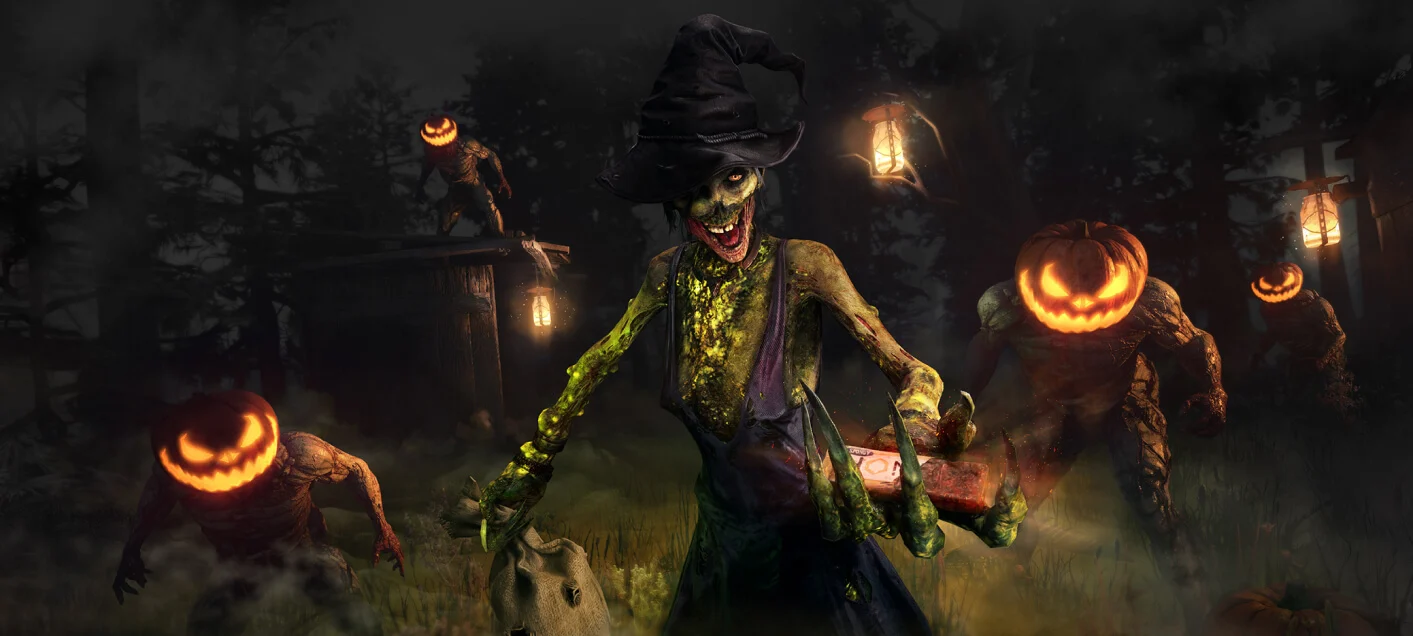 Infectados com cabeças de abóbora se aproximam em cenário escuro de Halloween de Dying Light 2