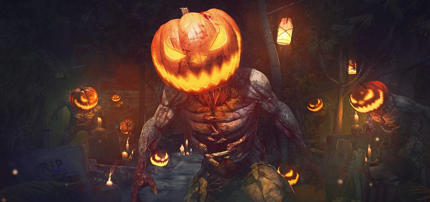 Arte de Halloween de Dying Light 2 com lanternas, abóboras iluminadas e infectados