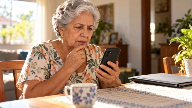 Mulher idosa olhando uma mensagem no celular, sentada à mesa de casa.