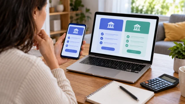 Pessoa comparando serviços financeiros em celular e notebook