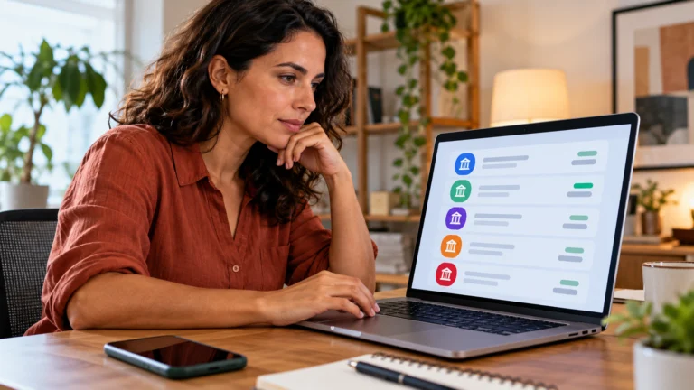 Mulher consultando lista ilustrativa de instituições em notebook