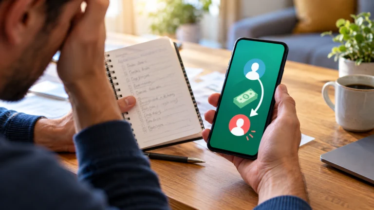 Pessoa conferindo caderno e destinatários ilustrativos no celular