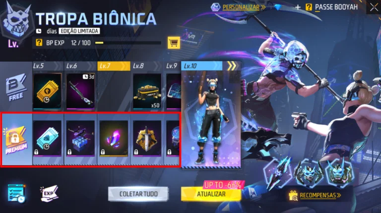 Tela do Passe Booyah mostrando as faixas gratuita e Premium em uma edição anterior do Free Fire
