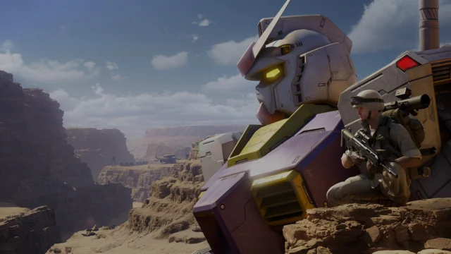 Mobile Suit Gundam Battle Operation 3 mostra um Gundam e um soldado de infantaria em cenário rochoso