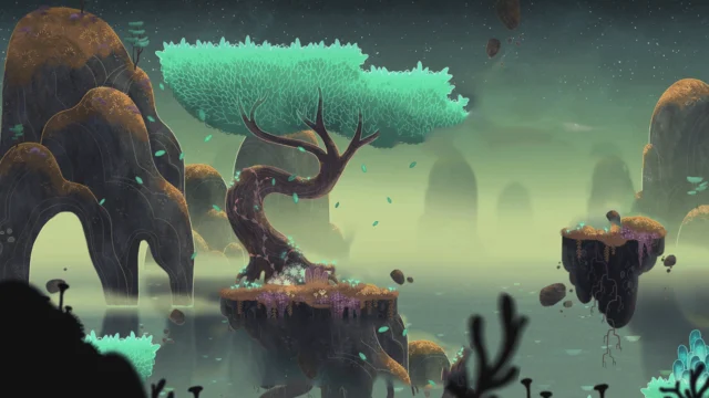 Árvore de copa verde entre formações rochosas e plataformas suspensas em arte de Echo Weaver.