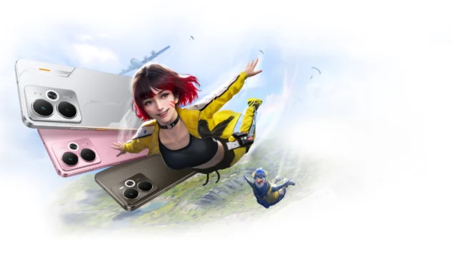 Arte oficial do realme 14 5G com celulares em três cores e uma personagem de Free Fire.