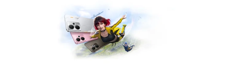 Arte oficial do realme 14 5G com celulares em três cores e uma personagem de Free Fire.