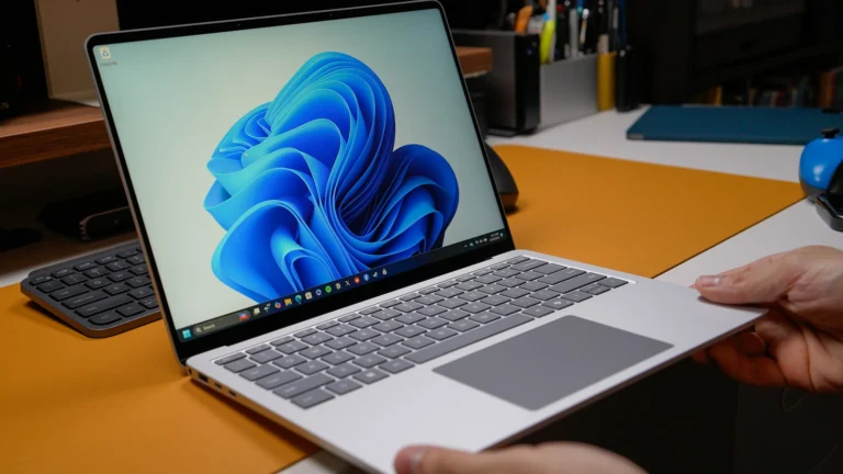Notebook com Windows 11 aberto sobre uma mesa, ilustrando o desligamento automático do PC