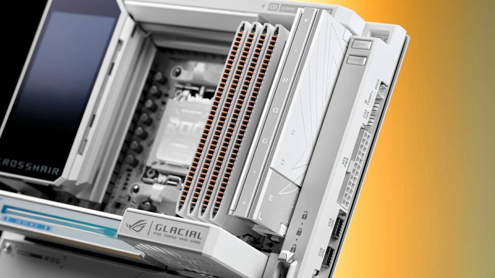 Placa-mãe de computador com conectores e espaços para módulos de memória RAM