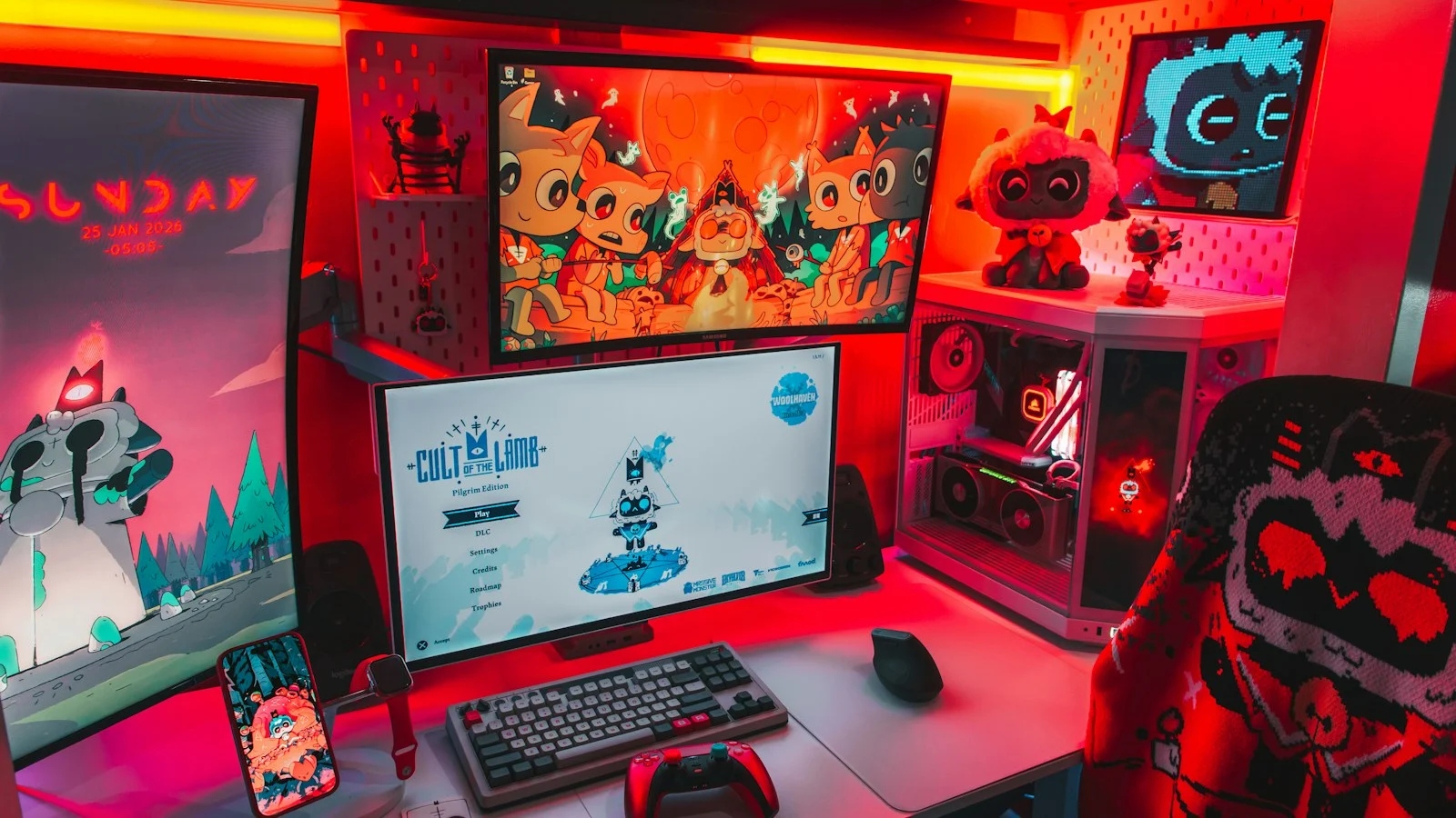 Computador de mesa com monitores e iluminação RGB, ilustrando o uso de inteligência artificial local no PC