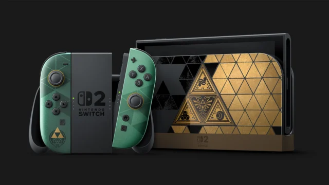 Nintendo Switch 2 comemorativo de 40 anos de Zelda com Joy-Con 2 verdes e dock preta e dourada com Triforce