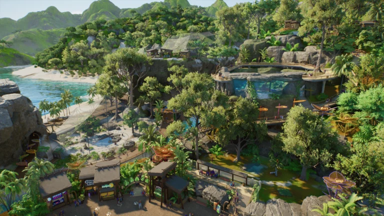 Vista panorâmica de zoológico tropical em Planet Zoo 2