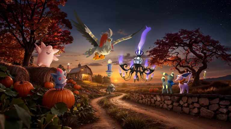 Zorua, Chandelure e outros Pokémon em paisagem de outono da temporada Twilight Trails