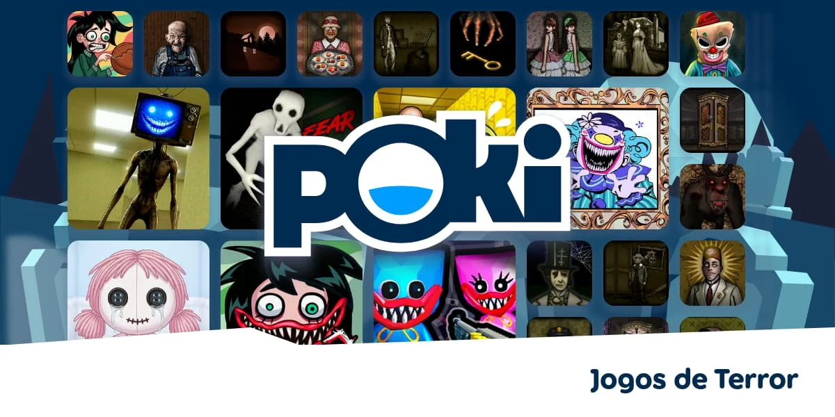 Montagem do Poki com personagens e cenários de jogos de terror que rodam no navegador
