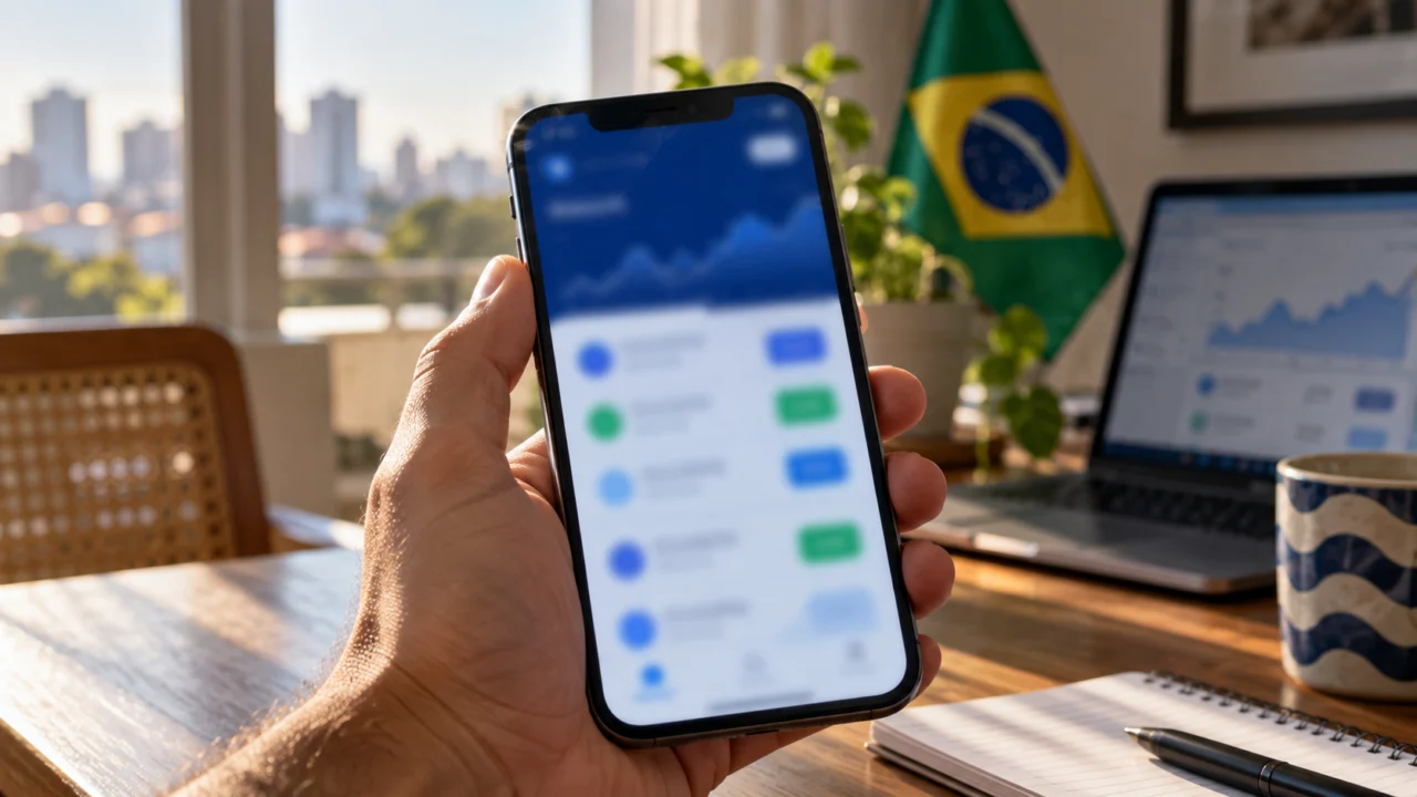 Pessoa segura celular com gráfico de previsões desfocado; bandeira brasileira e notebook aparecem ao fundo