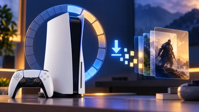 Ilustração de PS5 com controle, círculo de progresso e arquivos de jogos representando uma atualização.