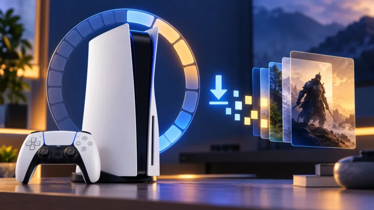 Ilustração de PS5 com controle, círculo de progresso e arquivos de jogos representando uma atualização.