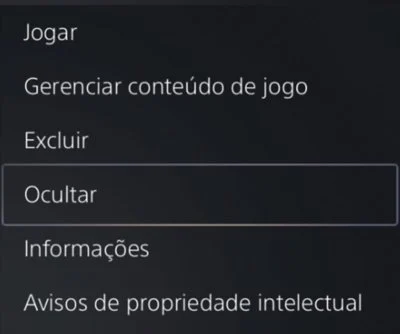 Menu de opções de um jogo do PS5 com a ação Ocultar selecionada