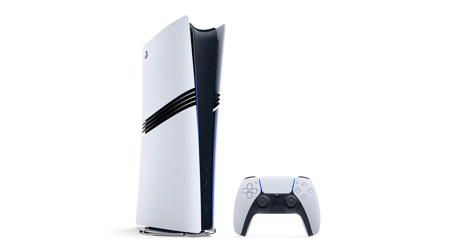 PlayStation 5 Pro branco, com três faixas pretas na região central e controle DualSense à frente