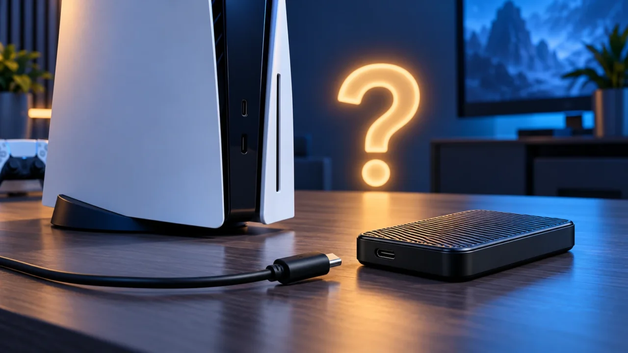Ilustração de PS5 ao lado de SSD externo, cabo USB desconectado e ponto de interrogação luminoso.