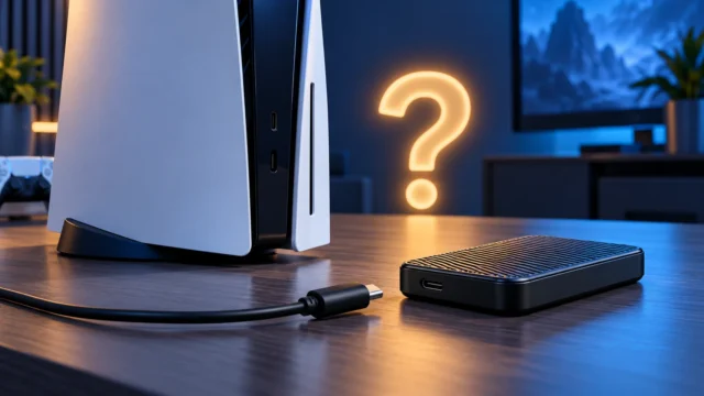 Ilustração de PS5 ao lado de SSD externo, cabo USB desconectado e ponto de interrogação luminoso.
