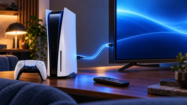 Ilustração de PS5 e DualSense ao lado de uma TV, conectados por um cabo HDMI luminoso.