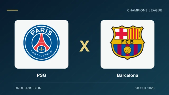 Escudos de PSG e Barcelona, separados por um X.