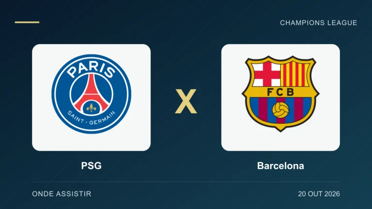 Escudos de PSG e Barcelona, separados por um X.
