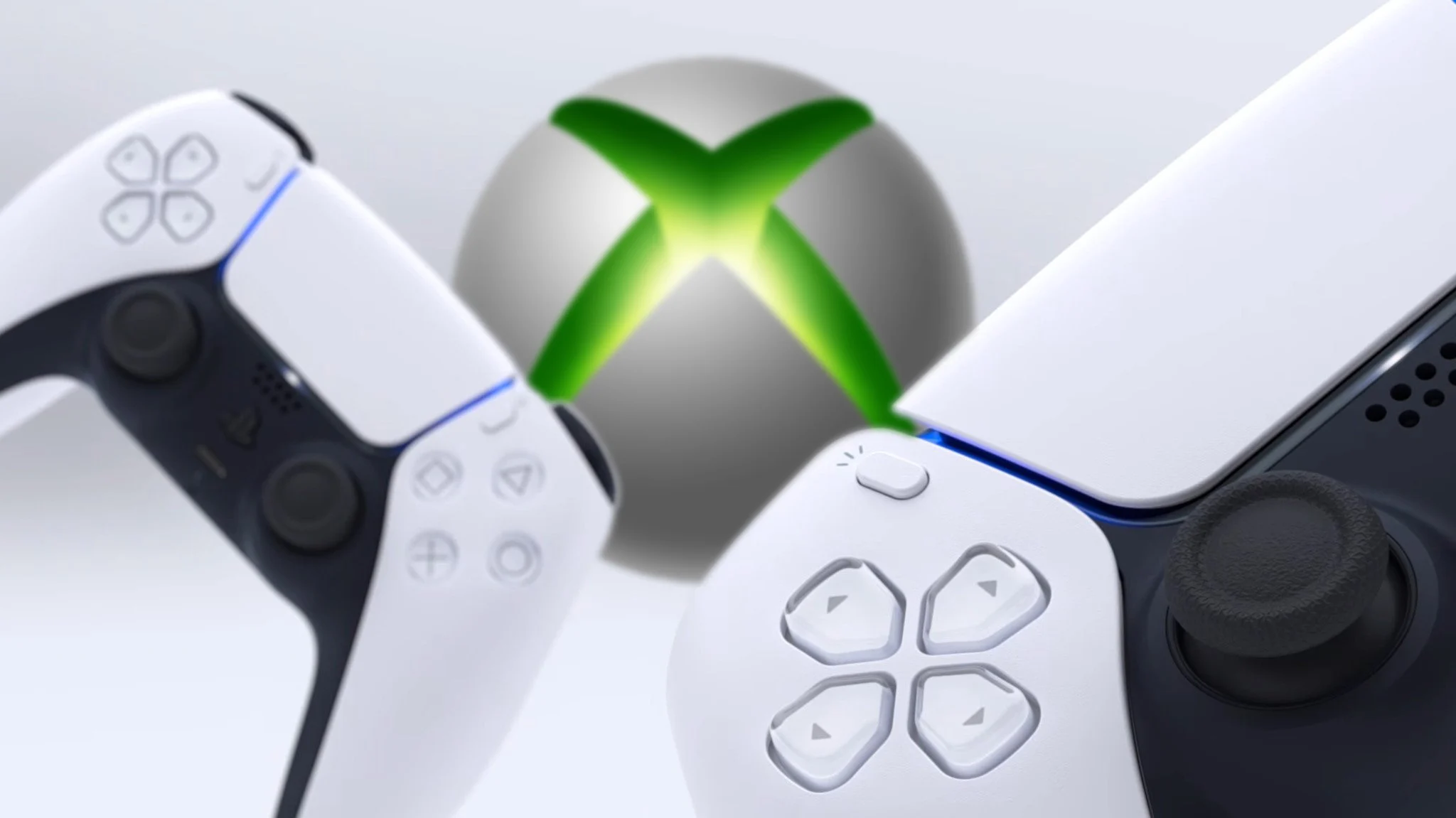 Controle DualSense do PlayStation 5 em primeiro plano com símbolo verde do Xbox ao fundo