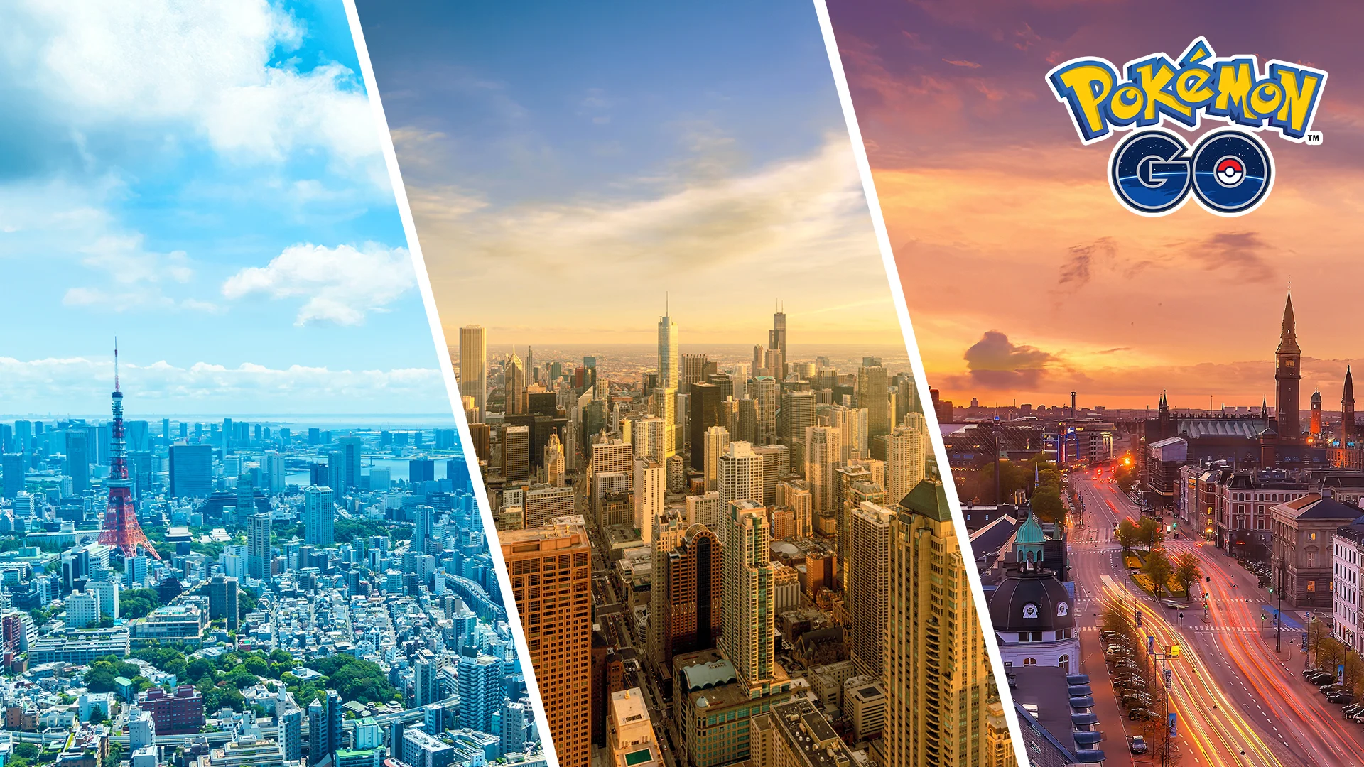 Imagem oficial das cidades de Tóquio, Chicago e Copenhague no Pokémon GO Fest 2026