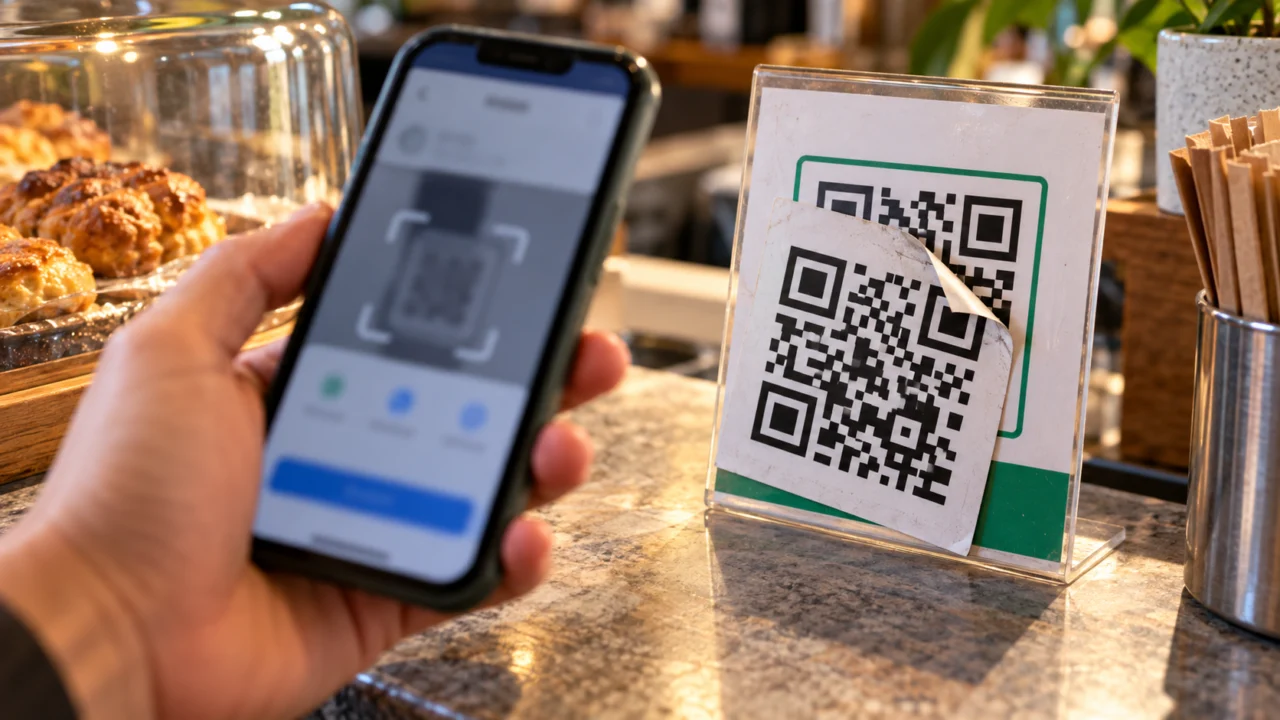 Celular diante de uma placa de pagamento com um adesivo de QR Code sobreposto ao original; ilustração